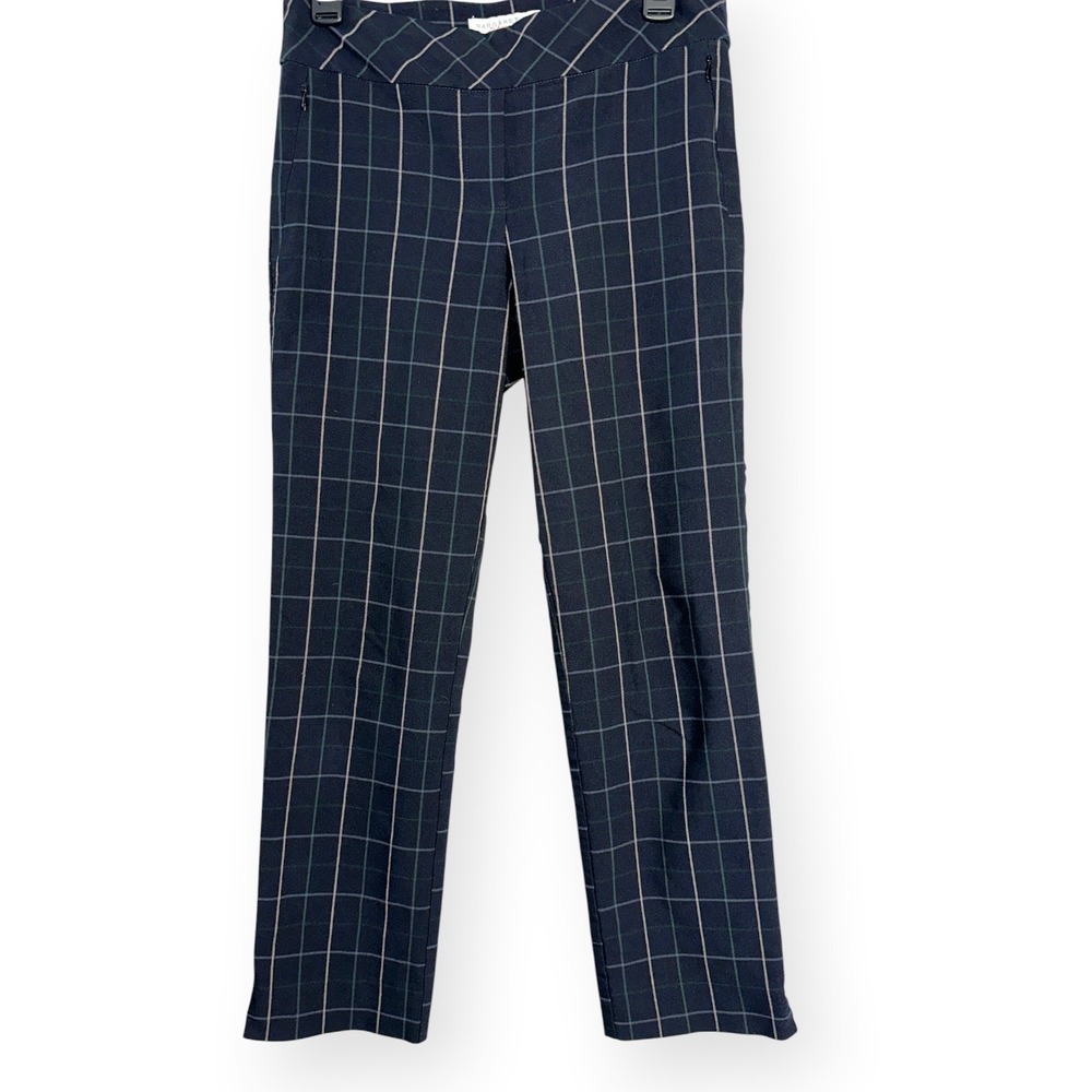 Margaret M Slimming Pant Navy Green Plaid Windowpane Pull On Trousers Cropped M